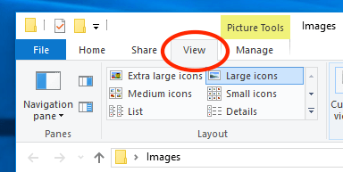 Windows 10 File Explorer视图选项卡