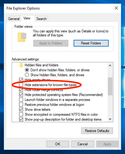 Windows 10隐藏已知文件类型的扩展名复选框