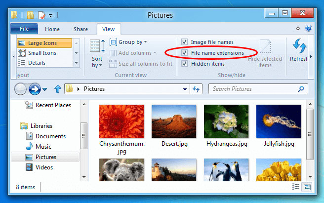 Windows 8显示或隐藏文件扩展名
